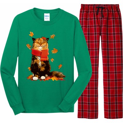 Cute Happy Autumn Cat Fall Season Lover Long Sleeve Pajama Set