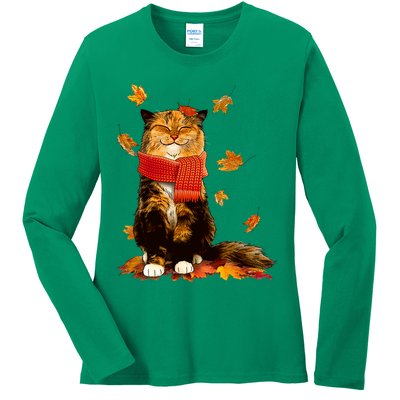 Cute Happy Autumn Cat Fall Season Lover Ladies Long Sleeve Shirt