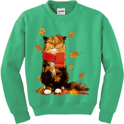 Cute Happy Autumn Cat Fall Season Lover Kids Sweatshirt