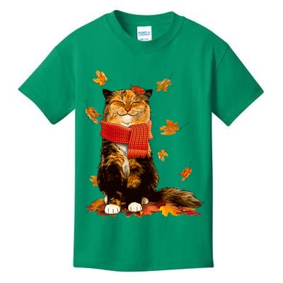 Cute Happy Autumn Cat Fall Season Lover Kids T-Shirt