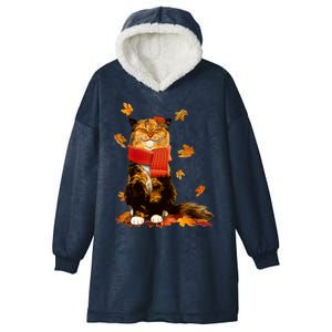 Cute Happy Autumn Cat Fall Season Lover Hooded Wearable Blanket