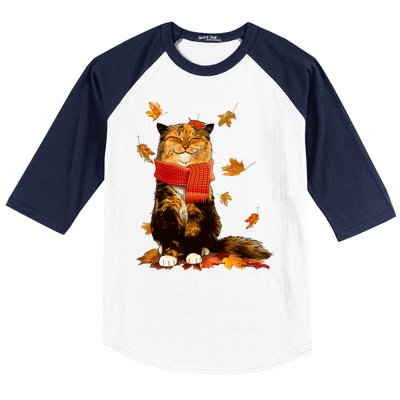 Cute Happy Autumn Cat Fall Season Lover Baseball Sleeve Shirt