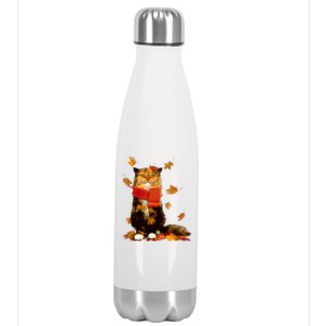 Cute Happy Autumn Cat Fall Season Lover Stainless Steel Insulated Water Bottle