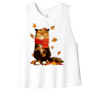 Cute Happy Autumn Cat Fall Season Lover Women's Racerback Cropped Tank