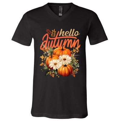 Cute Hello Autumn Season Thanksgiving And Fall Festivities V-Neck T-Shirt