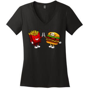 Cute Hamburger Art Women Hamburger French Fries Lovers Women's V-Neck T-Shirt