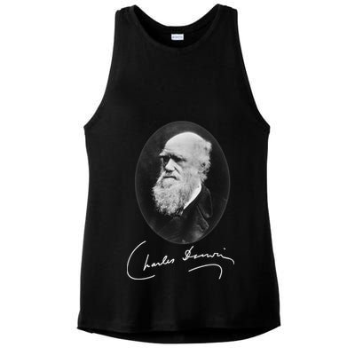 Charles Darwin Portrait Signature Evolution Atheist Science Ladies PosiCharge Tri-Blend Wicking Tank