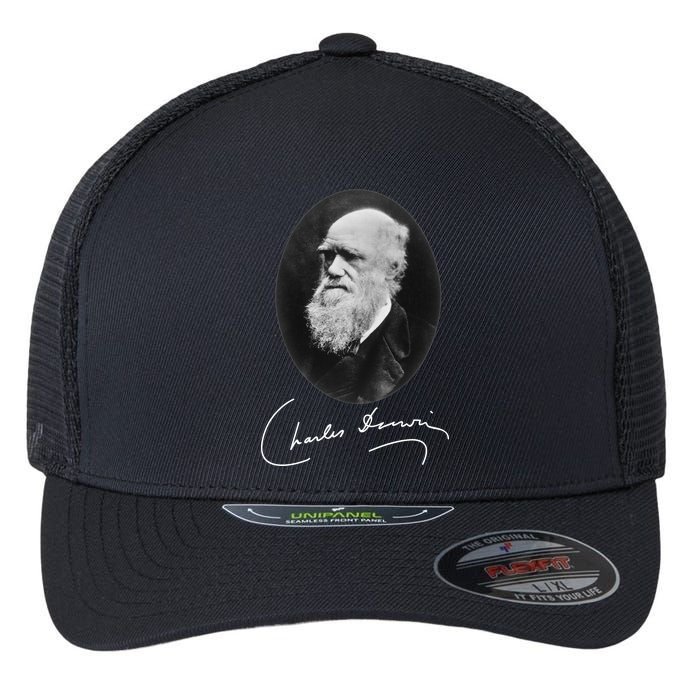 Charles Darwin Portrait Signature Evolution Atheist Science Flexfit Unipanel Trucker Cap
