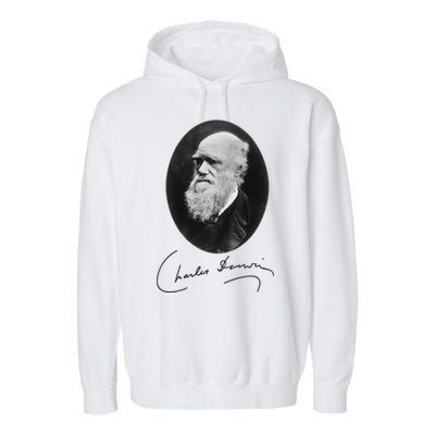 Charles Darwin Portrait Signature Evolution Atheist Science Garment-Dyed Fleece Hoodie