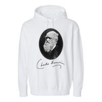 Charles Darwin Portrait Signature Evolution Atheist Science Garment-Dyed Fleece Hoodie
