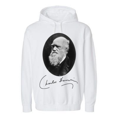 Charles Darwin Portrait Signature Evolution Atheist Science Garment-Dyed Fleece Hoodie