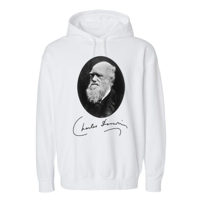 Charles Darwin Portrait Signature Evolution Atheist Science Garment-Dyed Fleece Hoodie
