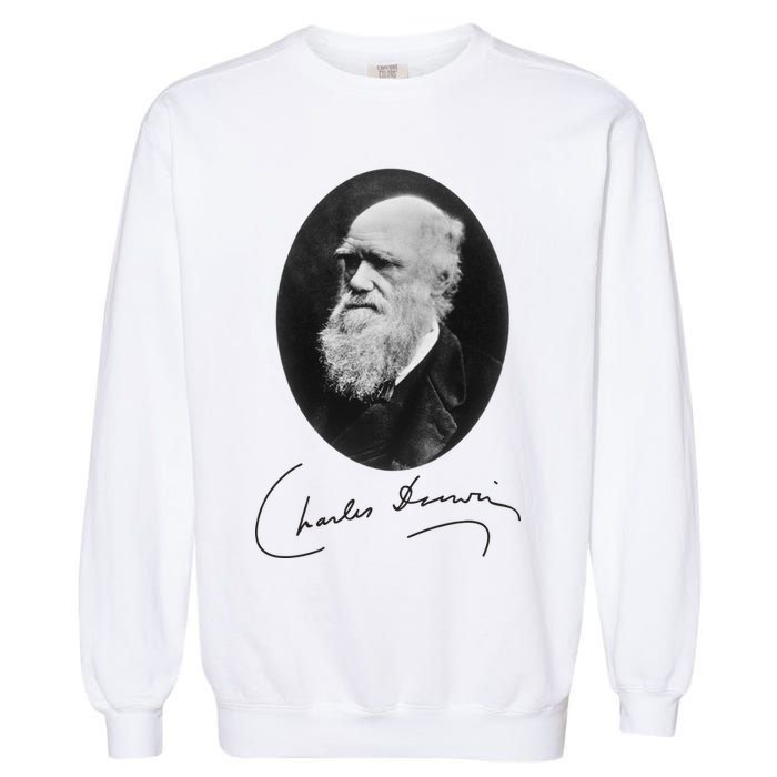Charles Darwin Portrait Signature Evolution Atheist Science Garment-Dyed Sweatshirt