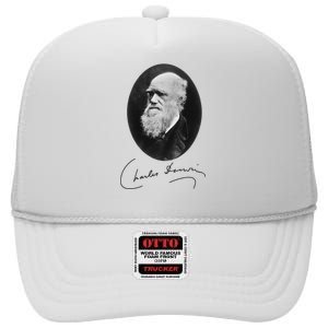 Charles Darwin Portrait Signature Evolution Atheist Science High Crown Mesh Back Trucker Hat