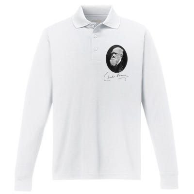 Charles Darwin Portrait Signature Evolution Atheist Science Performance Long Sleeve Polo