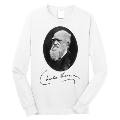 Charles Darwin Portrait Signature Evolution Atheist Science Long Sleeve Shirt