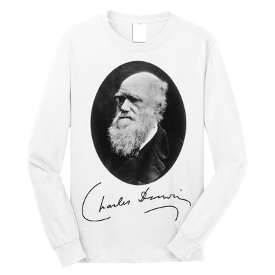 Charles Darwin Portrait Signature Evolution Atheist Science Long Sleeve Shirt