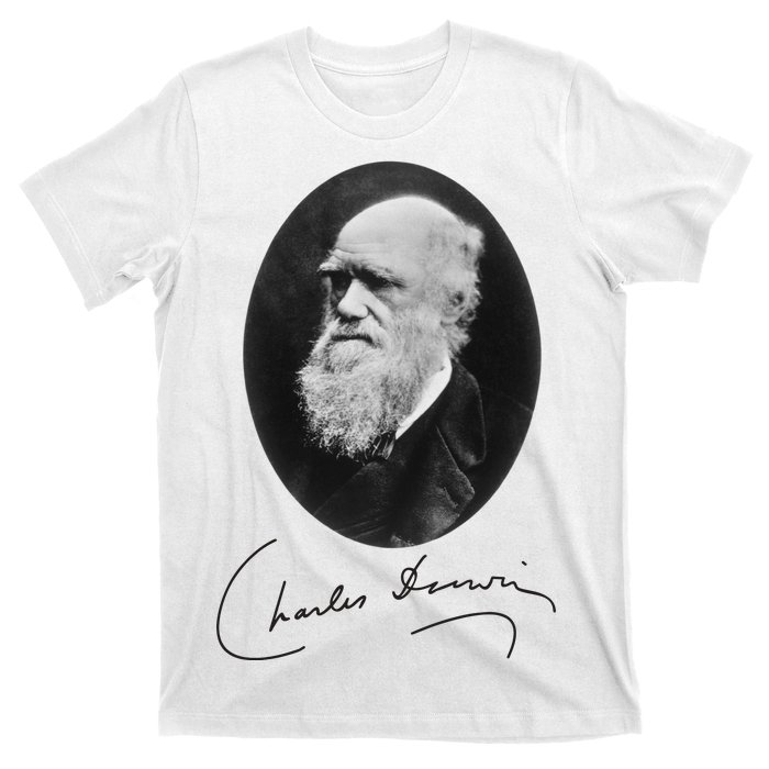 Charles Darwin Portrait Signature Evolution Atheist Science T-Shirt