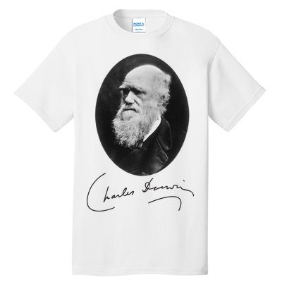 Charles Darwin Portrait Signature Evolution Atheist Science Tall T-Shirt