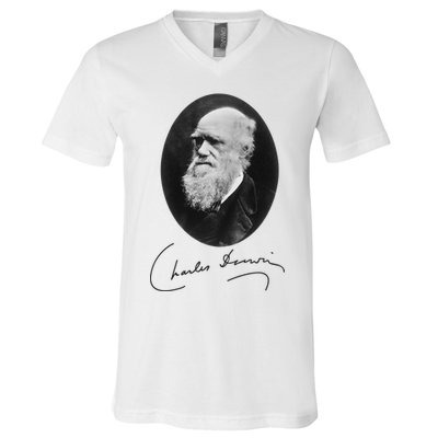 Charles Darwin Portrait Signature Evolution Atheist Science V-Neck T-Shirt