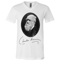 Charles Darwin Portrait Signature Evolution Atheist Science V-Neck T-Shirt