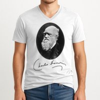 Charles Darwin Portrait Signature Evolution Atheist Science V-Neck T-Shirt
