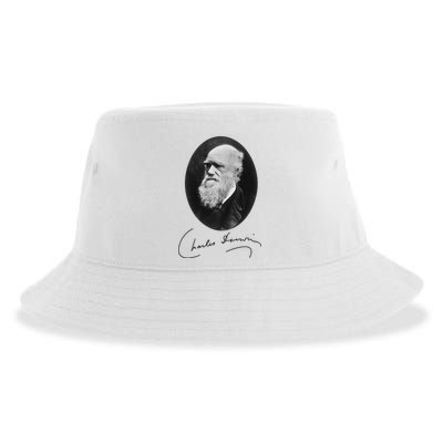 Charles Darwin Portrait Signature Evolution Atheist Science Sustainable Bucket Hat