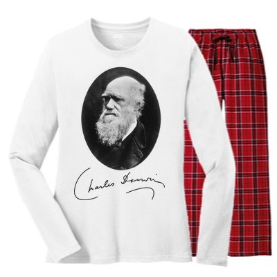 Charles Darwin Portrait Signature Evolution Atheist Science Women's Long Sleeve Flannel Pajama Set 