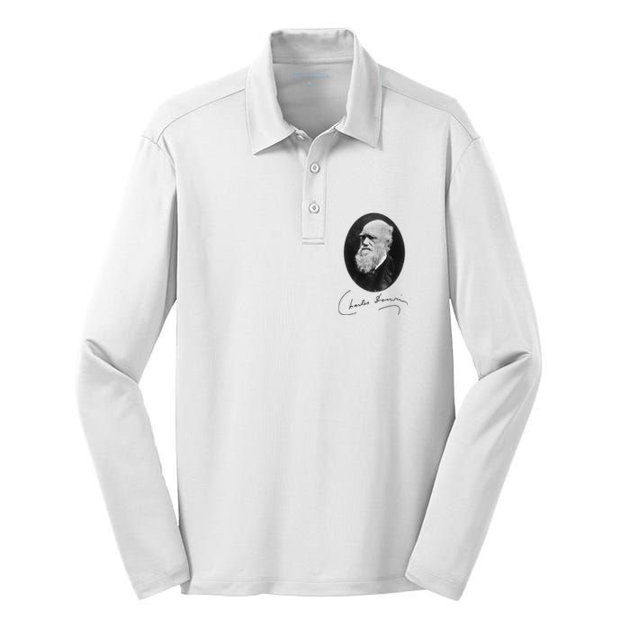 Charles Darwin Portrait Signature Evolution Atheist Science Silk Touch Performance Long Sleeve Polo