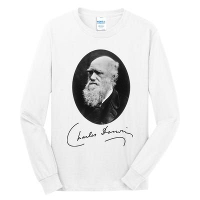 Charles Darwin Portrait Signature Evolution Atheist Science Tall Long Sleeve T-Shirt