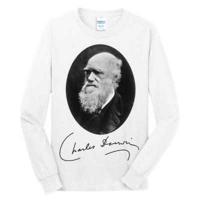 Charles Darwin Portrait Signature Evolution Atheist Science Tall Long Sleeve T-Shirt