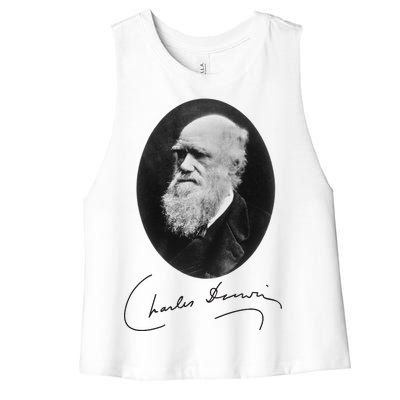 Charles Darwin Portrait Signature Evolution Atheist Science Women's Racerback Cropped Tank