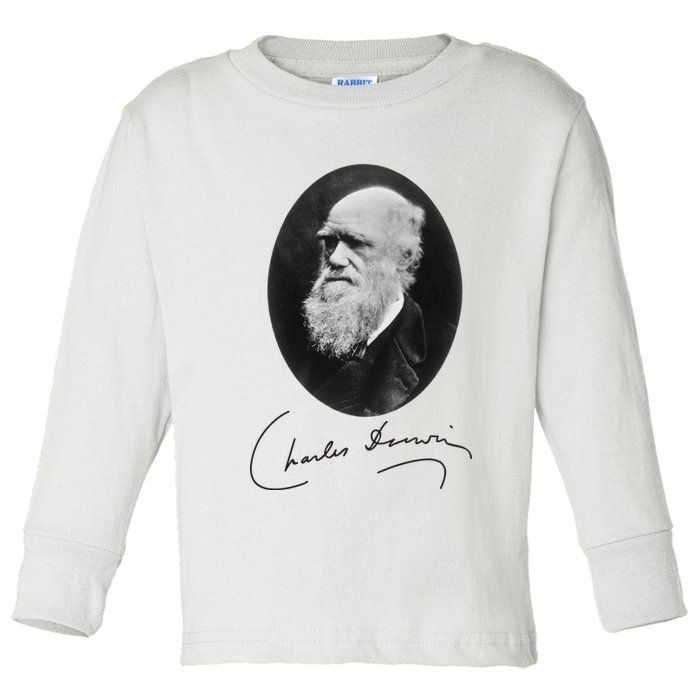 Charles Darwin Portrait Signature Evolution Atheist Science Toddler Long Sleeve Shirt
