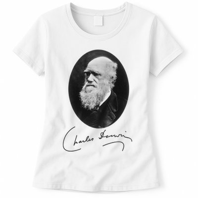 Charles Darwin Portrait Signature Evolution Atheist Science Womens T-Shirt