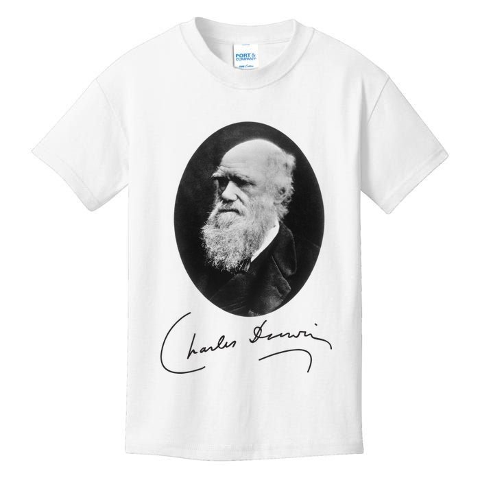 Charles Darwin Portrait Signature Evolution Atheist Science Kids T-Shirt