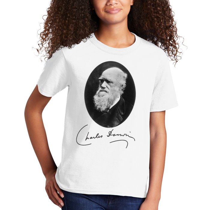 Charles Darwin Portrait Signature Evolution Atheist Science Kids T-Shirt