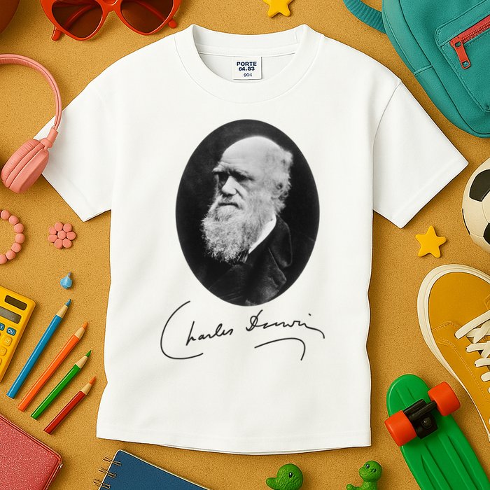 Charles Darwin Portrait Signature Evolution Atheist Science Kids T-Shirt