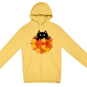 Cute Happy Black Cat Fall Autumn Leaves Premium Pullover Hoodie