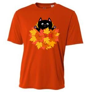 Cute Happy Black Cat Fall Autumn Leaves Cooling Performance Crew T-Shirt