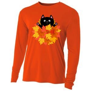 Cute Happy Black Cat Fall Autumn Leaves Cooling Performance Long Sleeve Crew