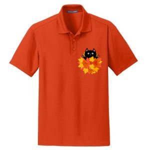 Cute Happy Black Cat Fall Autumn Leaves Dry Zone Grid Polo