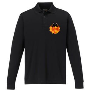 Cute Happy Black Cat Fall Autumn Leaves Performance Long Sleeve Polo