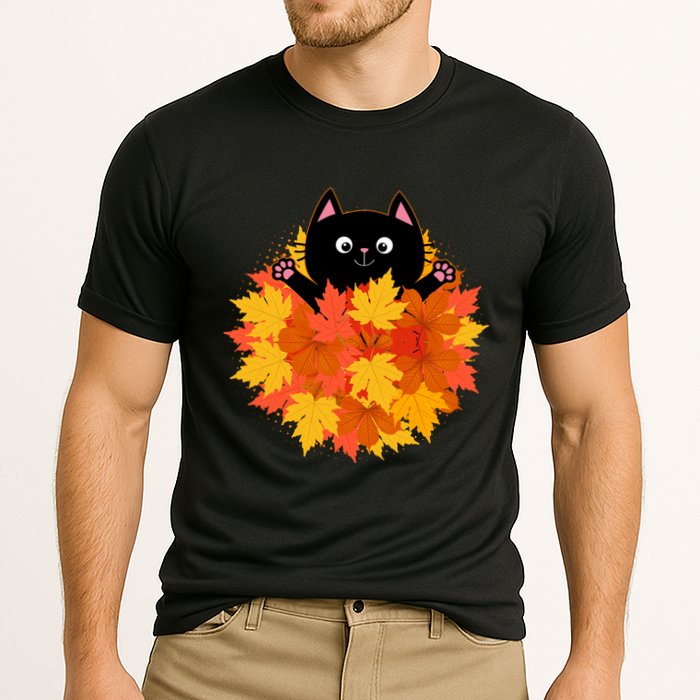 Cute Happy Black Cat Fall Autumn Leaves Cooling Performance Crew T-Shirt
