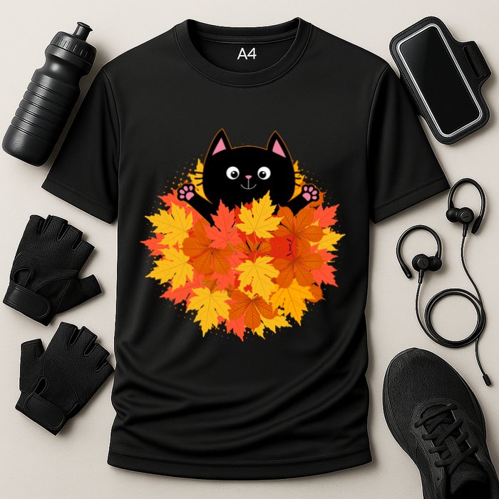 Cute Happy Black Cat Fall Autumn Leaves Cooling Performance Crew T-Shirt