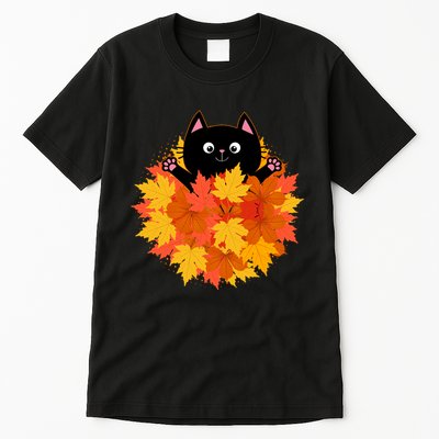 Cute Happy Black Cat Fall Autumn Leaves Tall T-Shirt