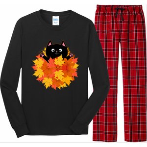 Cute Happy Black Cat Fall Autumn Leaves Long Sleeve Pajama Set