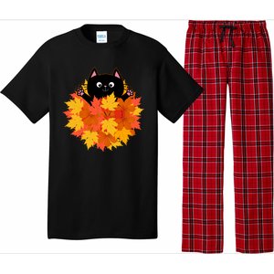 Cute Happy Black Cat Fall Autumn Leaves Pajama Set