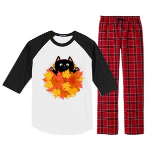 Cute Happy Black Cat Fall Autumn Leaves Raglan Sleeve Pajama Set