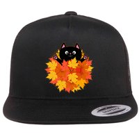 Cute Happy Black Cat Fall Autumn Leaves Flatbill Hat