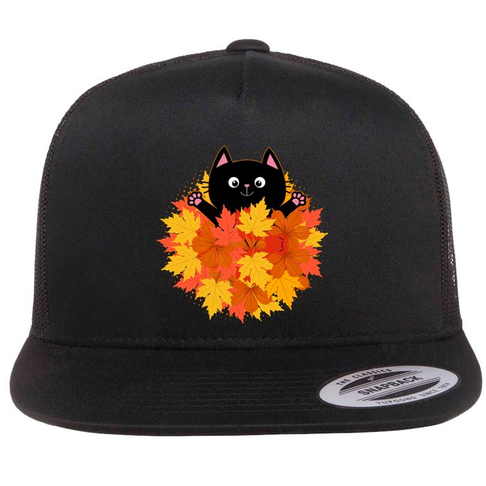 Cute Happy Black Cat Fall Autumn Leaves Flatbill Hat